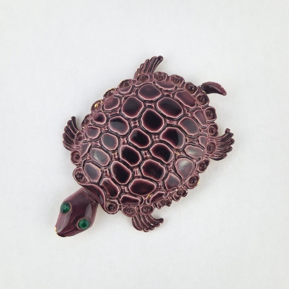 Vintage Ultra Purple Enamel Turtle Brooch Green Rhinestone Eyes Pin